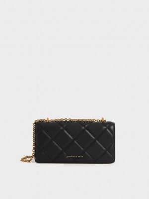 Charles & Keith Paffuto Chain Handle Acolchado Long Wallet Negros | 4730128-RS