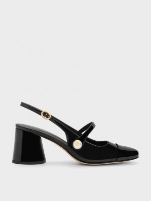 Charles & Keith Pearl Embellished Charol Destalonadas Pumps Negros | 2359604-CO
