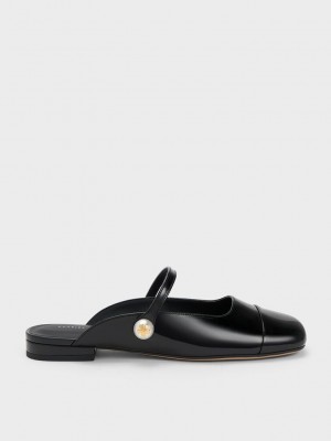 Charles & Keith Pearl Embellished Charol Planos Mules Negros | 2853649-EX