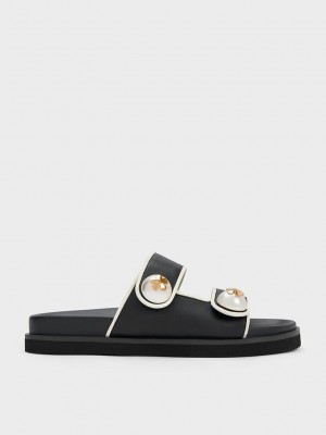 Charles & Keith Pearl Embellished Contrast-Trim Slides Negros | 4067521-GN