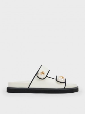 Charles & Keith Pearl Embellished Contrast-Trim Slides Blancos | 5273690-WL