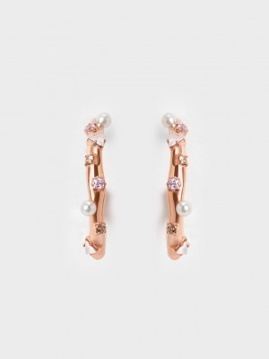Charles & Keith Pearl & Crystal-Embellished Earring Studs Rosas Dorados | 9378562-TL