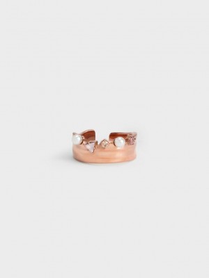 Charles & Keith Pearl & Crystal-Embellished Anchos-Band Ring Rosas Dorados | 9543026-WO