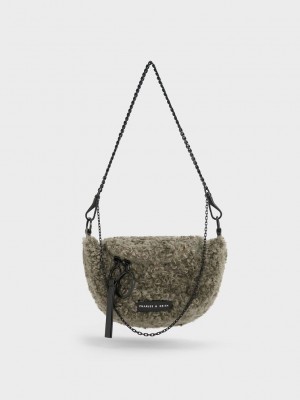 Charles & Keith Philomena Furry Half-Moon Crossbody Bag Kaki | 6295471-AI