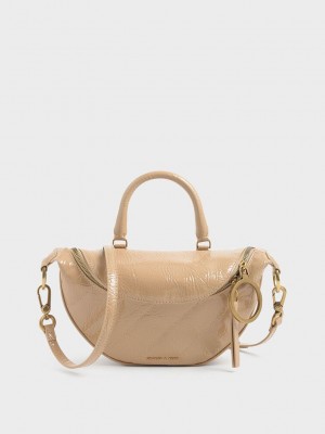 Charles & Keith Philomena Wrinkled Charol Semi-Circle Crossbody Bag Beige | 9216378-EO