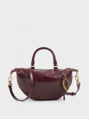 Charles & Keith Philomena Wrinkled Effect Semi-Circle Crossbody Bag Vino | 3819705-QA