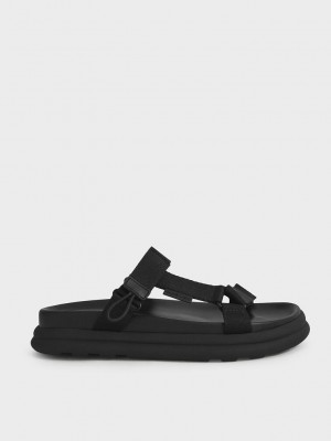 Charles & Keith Polyester Velcro Correa Sports Sandals Negros | 0678954-RM