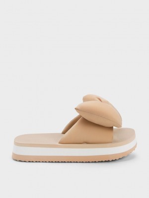 Charles & Keith Puffy Bow Slides Beige | 3162074-BE