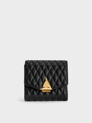 Charles & Keith Quinlynn Metallic Accent Acolchado Wallet Negros | 3657409-GC