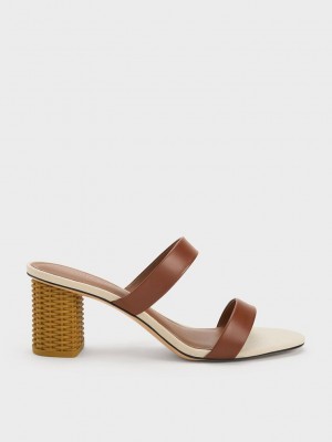 Charles & Keith Rattan Block Heel Sandals Marrom | 0761935-BY