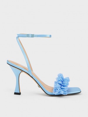 Charles & Keith Recycled Polyester Ruffled Mesh Tacón Sandals Azules | 2165739-XM