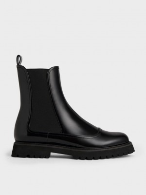 Charles & Keith Ridged-Sole Chelsea Boots Negros | 9426178-WE
