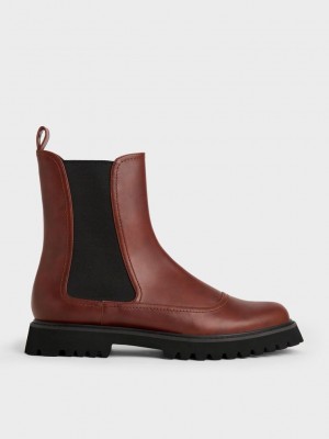 Charles & Keith Ridged-Sole Chelsea Boots Rojos Oscuro | 9674302-DT