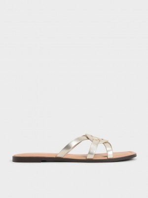 Charles & Keith Ring Detail Metallic Tiras Flats Dorados | 5037268-TK