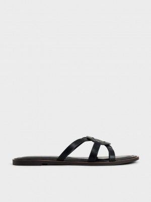 Charles & Keith Ring Detail Tiras Flats Negros | 6394257-BR
