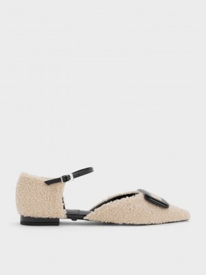 Charles & Keith Rosalie Cuero Furry D'Orsay Flats Beige | 3592478-LG