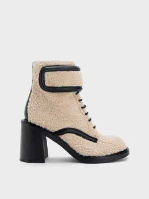 Charles & Keith Rosalie Furry Cuero Ankle Boots Beige | 8275491-LM