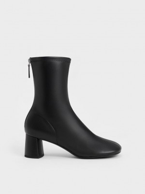 Charles & Keith Round-Puntera Zip-Up Ankle Boots Negros | 3980674-AZ
