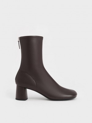 Charles & Keith Round-Puntera Zip-Up Ankle Boots Marrom Oscuro | 9574820-CE
