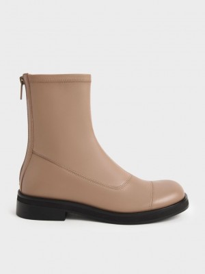 Charles & Keith Round Puntera Zip-Up Ankle Boots Marrom | 9028654-KL