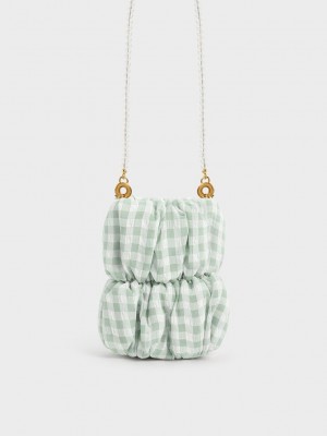 Charles & Keith Ruched Bead-Handle Check-Print Crossbody Bag Verdes | 1487206-KC