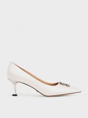 Charles & Keith Satin Gem-Embellished Kitten Heel Pumps Creme | 7128460-KQ