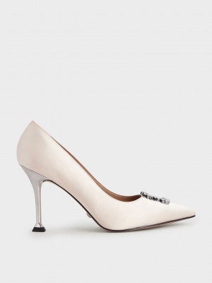 Charles & Keith Satin Gem-Embellished Pumps Creme | 7346581-WY