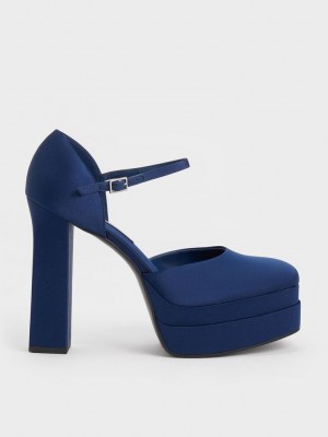 Charles & Keith Satin Plataforma D'Orsay Pumps Azules Oscuro | 4795621-EA