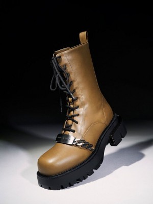 Charles & Keith Selma Metallic Accent Encaje-Up Boots Verde Oliva | 5608472-JA