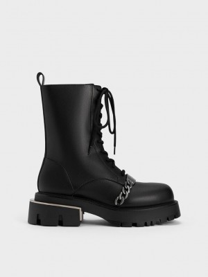 Charles & Keith Selma Metallic Accent Encaje-Up Boots Negros | 2654983-MI