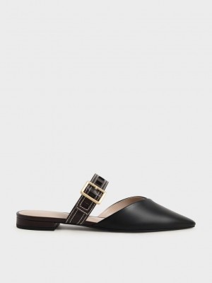 Charles & Keith Sepphe Cut-Out Correa Planos Mule Pumps Negros | 4680392-KF