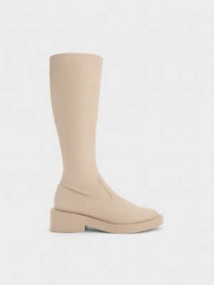 Charles & Keith Side Zip Knee-High Boots Beige | 9563420-ES