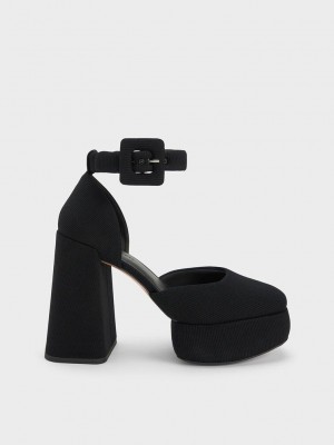 Charles & Keith Sinead Woven Buckled D'Orsay Plataforma Pumps Negros | 3185694-FC