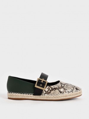 Charles & Keith Snake-Print Buckled Alpargata Flats Beige | 9528607-AC