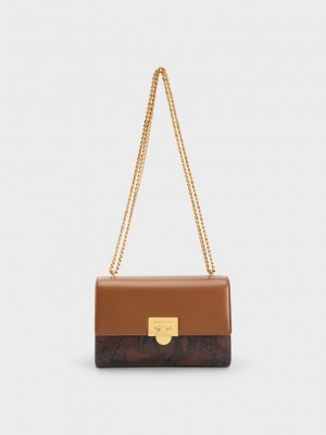 Charles & Keith Snake Print Metallic Accent Clutch Chocolate | 8946715-HJ