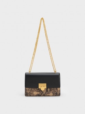 Charles & Keith Snake Print Metallic Accent Clutch Beige | 1573098-DR