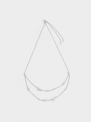 Charles & Keith Snowflake-Motif Pearl & Crystal Double Necklace Plateados | 6907184-DS