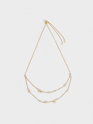 Charles & Keith Snowflake-Motif Pearl & Crystal Double Necklace Dorados | 2376419-OD