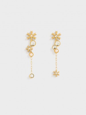 Charles & Keith Snowflakes-Motif Pearl & Crystal Drop Earrings Dorados | 9250173-MU