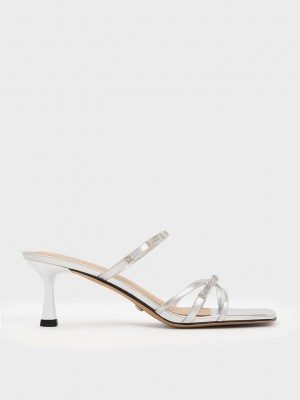 Charles & Keith Square Crystal-Embellished Metallic Cuero Tacón Mules Plateados | 4803672-GF