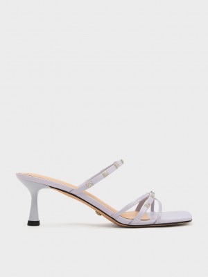 Charles & Keith Square Crystal-Embellished Metallic Cuero Tacón Mules Morados | 5187923-ID