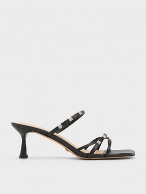 Charles & Keith Square Crystal-Embellished Cuero Tacón Mules Negros | 7985410-CF