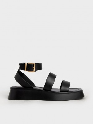Charles & Keith Square Puntera Ankle-Correa Sandals Negros | 7190428-RD