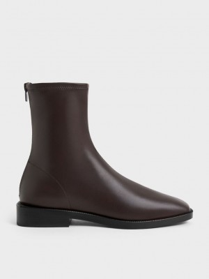 Charles & Keith Square Puntera Zip-Up Ankle Boots Marrom Oscuro | 3724019-OE