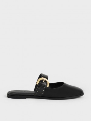 Charles & Keith Studded Buckled Planos Mules Negros | 1768234-NK