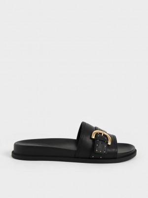 Charles & Keith Studded Hebilla Chanclas Sandals Negros | 0876514-ZK