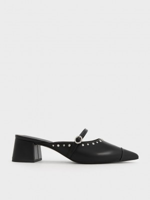 Charles & Keith Studded Pointed-Puntera Block Heel Mules Negros | 7921068-WA