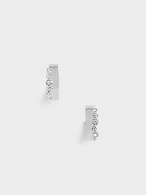Charles & Keith Swarovski Crystal Studded Hoop Earrings Plateados | 0874621-VL