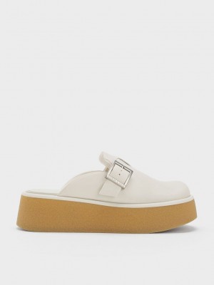 Charles & Keith Textured Buckled Flatform Mules Creme | 0236148-ZU