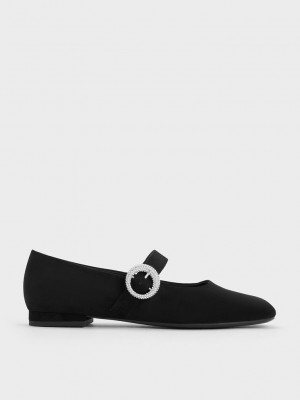 Charles & Keith Textured Crystal-Embellished Hebilla Mary Jane Flats Negros | 5860973-NE